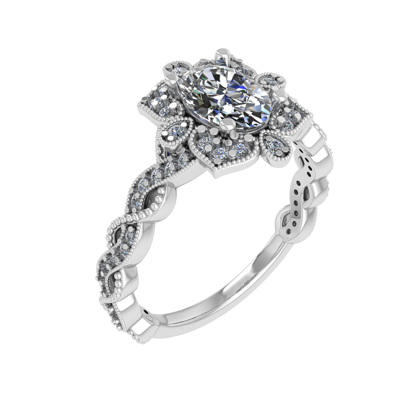 FLORAL ACCENTED  7.00mm x 5.00mm OVAL ENGAGEMENT RING